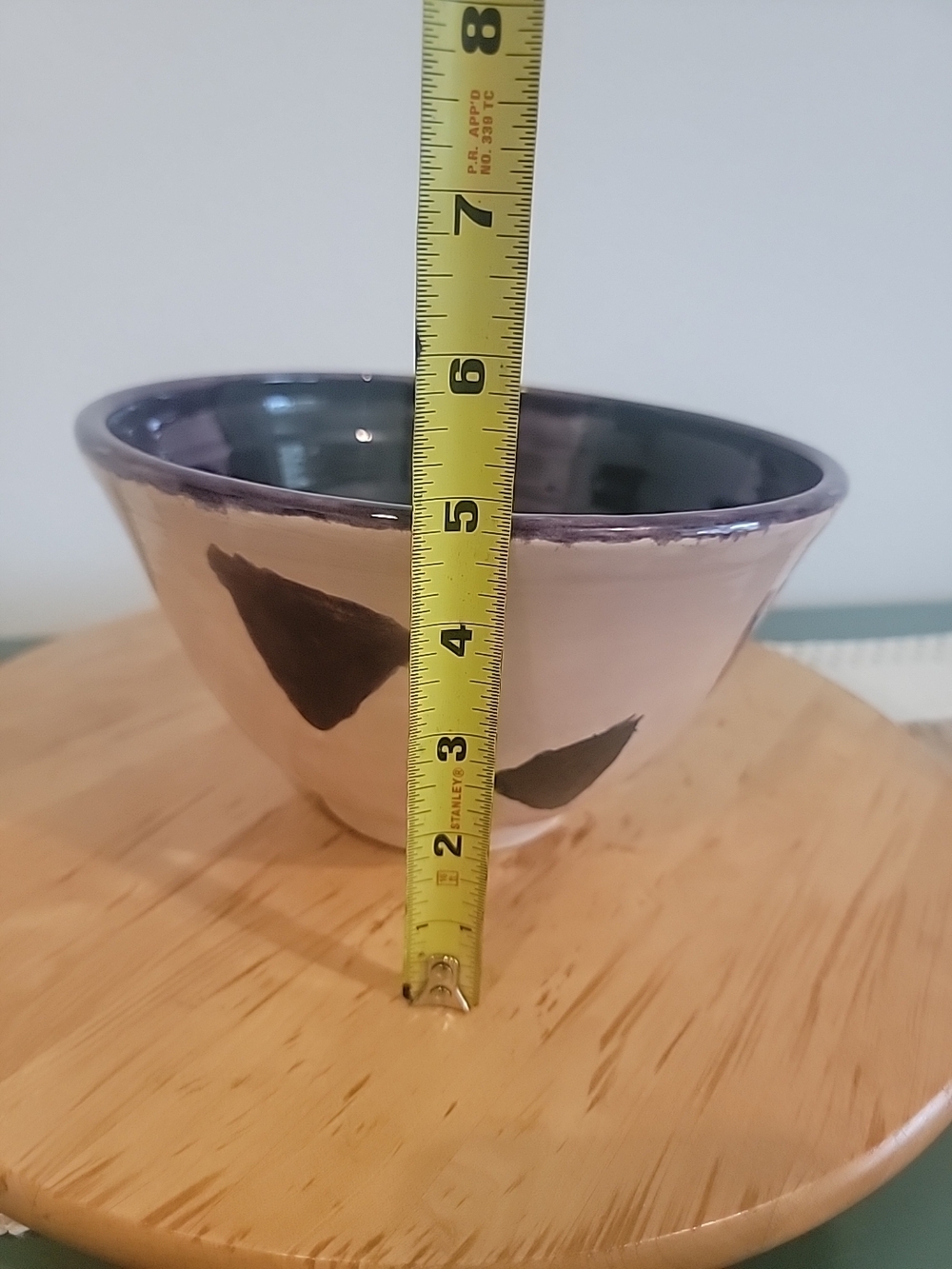 Studio Art Pottery Glazed Decorative Bowl Signed Cream Color w/ Mauve Triangles - Picture 8 of 10